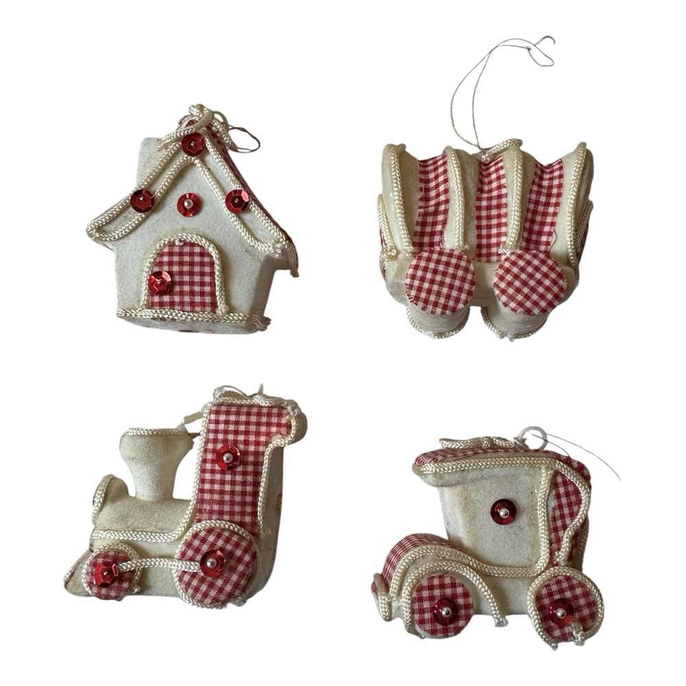 Vintage Flocked Christmas Holiday Ornaments Lot 4 Red Gingham Train Sleigh House